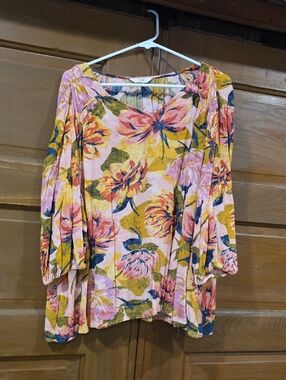Terra & Sky Floral V-Neck Pink & Mustard Blouse